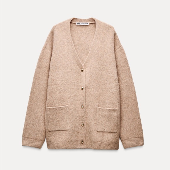 ZARA GOLD BUTTON CHUNKY KNIT CARDIGAN SWEATER TAN L - Picture 2 of 7